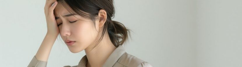 不眠症や眼精疲労からくる偏頭痛に悩まされ、額を抑え苦しそうな女性。頭痛や眩暈、吐き気などの症状に悩む様子