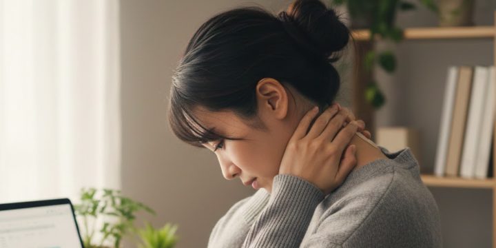 ストレートネックで首を押さえ肩こりなどに悩んでいる女性
