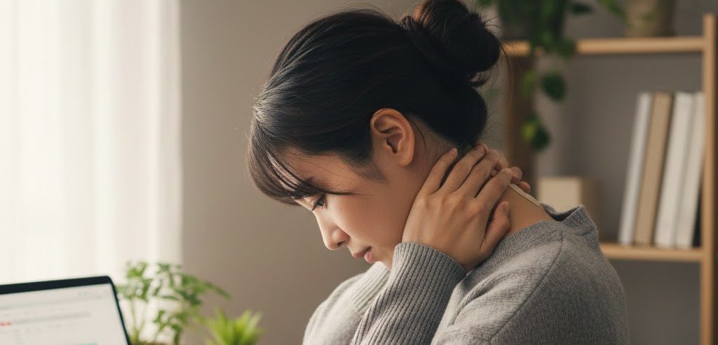 ストレートネックで首を押さえ肩こりなどに悩んでいる女性